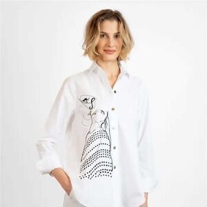 Bylyse Spenard White Button Up Shirt Embroidered Art to Wear Face 100% Cotton S